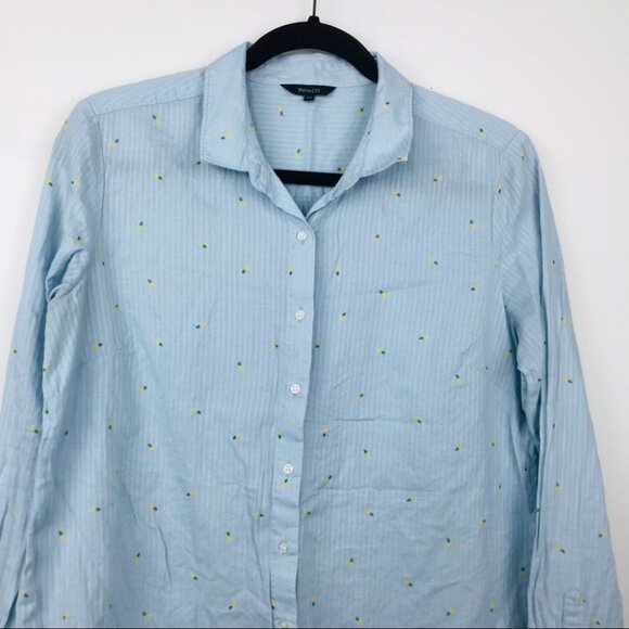 RW&CO long sleeve Cotton button up  pineapple Print blue shirt Women M - Picture 3 of 15